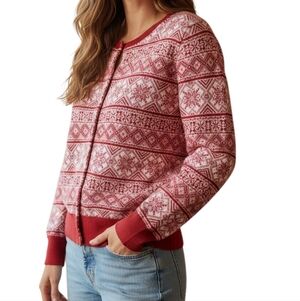 LANDS END Women's M Cardigan Sweater Nordic Snowflake Button Up Supima Cotton